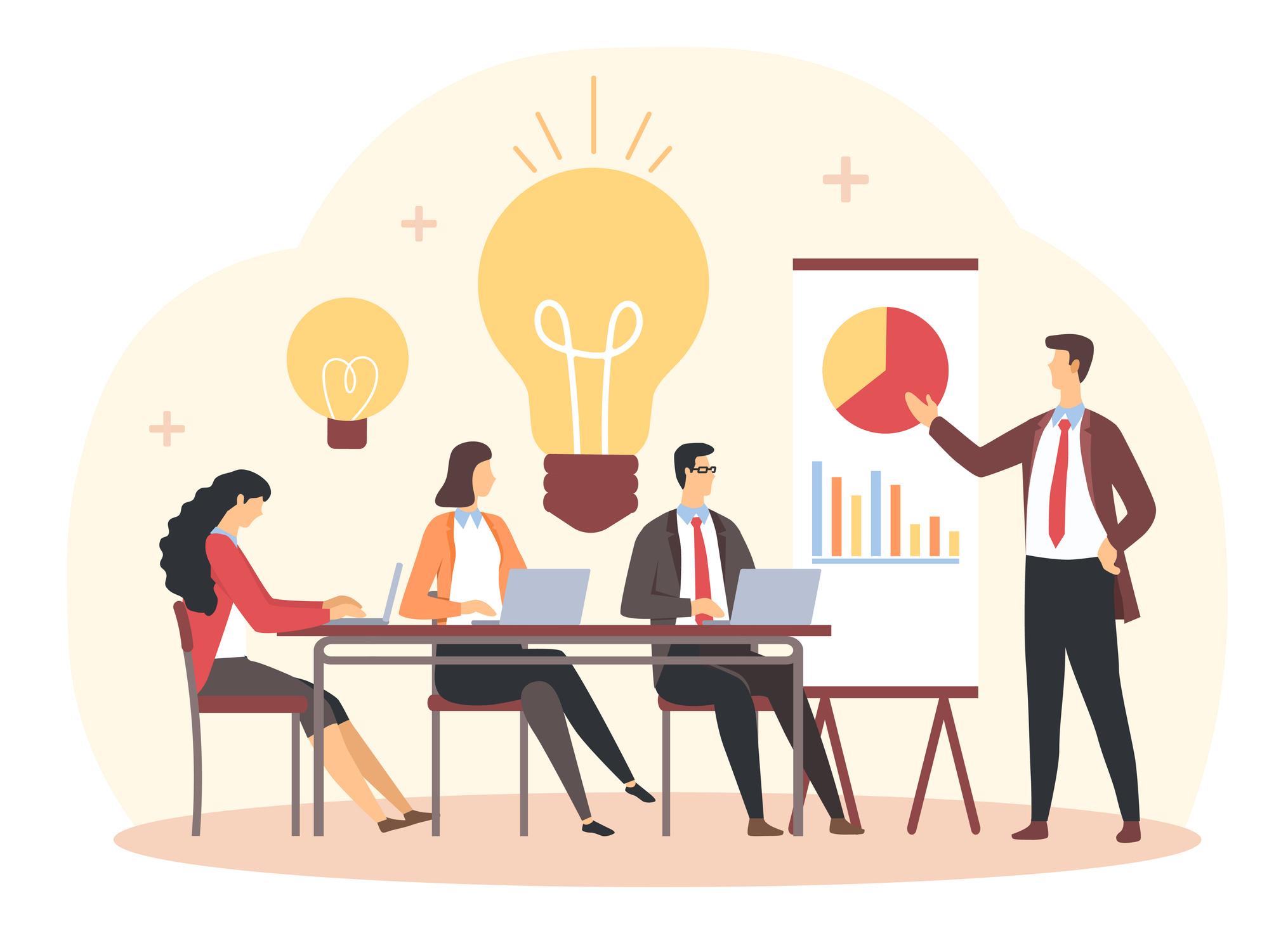 Illustration eines Geschäftstreffens mit einem Mann, der Diagramme und Grafiken auf einem Brett präsentiert, während zwei Frauen und ein Mann an einem Tisch an Laptops arbeiten, was Teamarbeit und Ideenfindung mit Glühbirnensymbolen im Hintergrund symbolisiert.