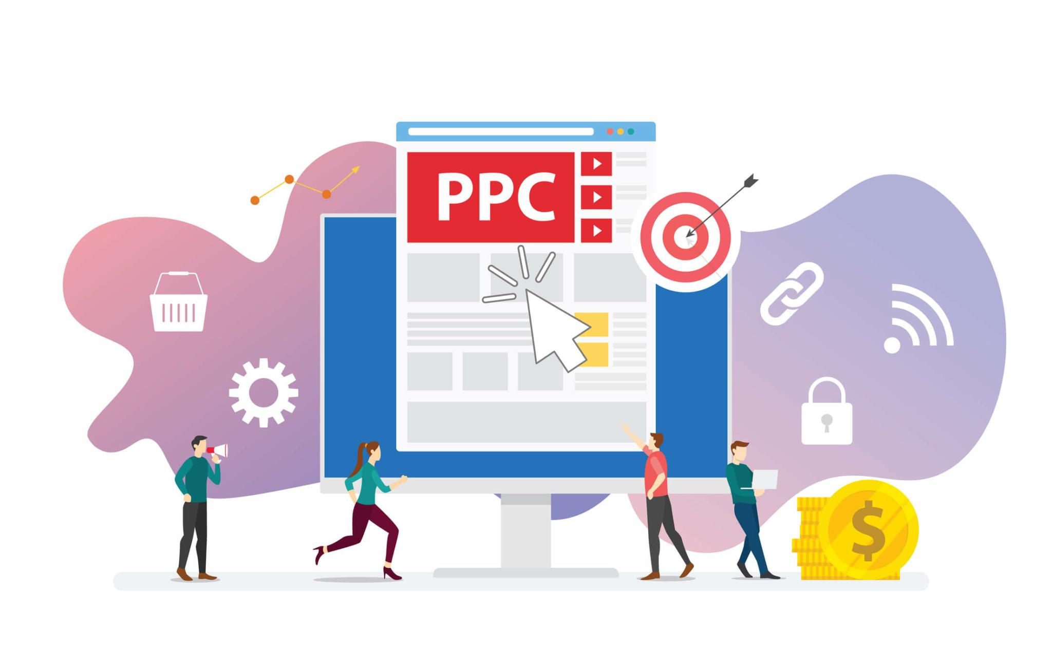An illustration of a PPC (Pay-Per-Click) advertising concept featuring a large computer screen displaying a PPC ad with a click icon.