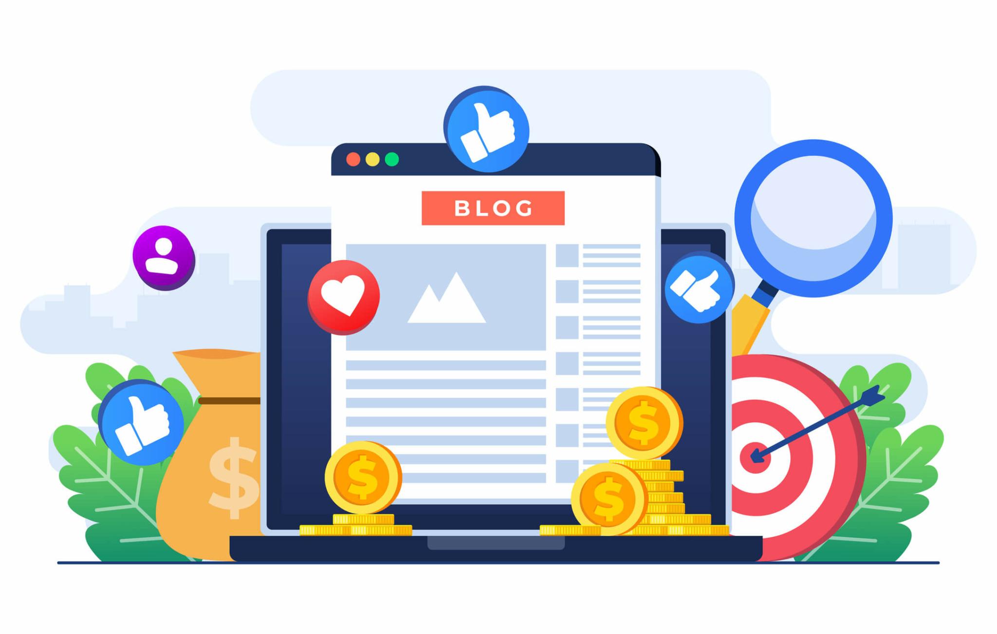 Illustration eines Blogposts auf einem Laptop, umgeben von Social-Media-Symbolen, Münzen, einer Lupe und einer Zielscheibe, die die Auswirkungen von Blogging, sozialem Engagement und Monetarisierung im digitalen Marketing symbolisieren.