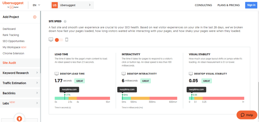 تدقيق Ubersuggest aite لسرعة الموقع الإلكتروني