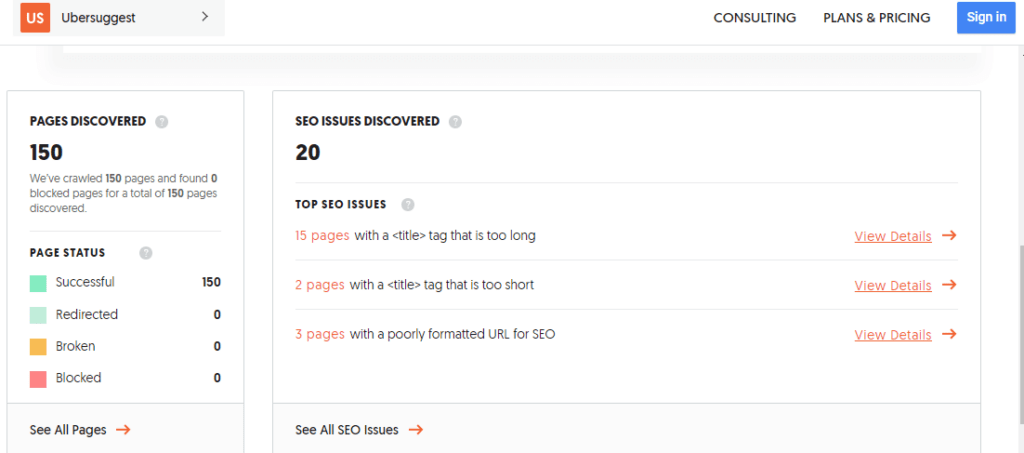 Ubersuggest audit reveals SEO issues