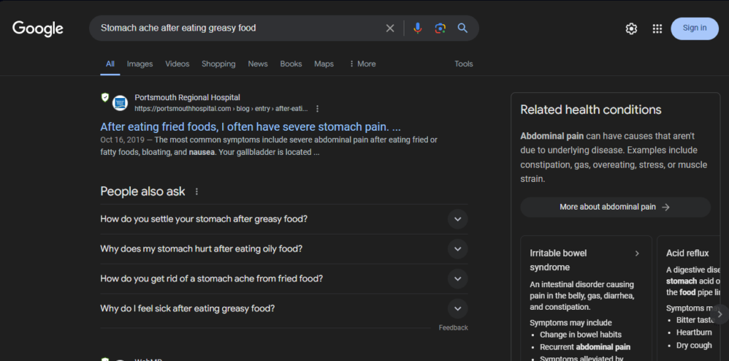 Google search results for the query “stomach ache after eating greasy food”