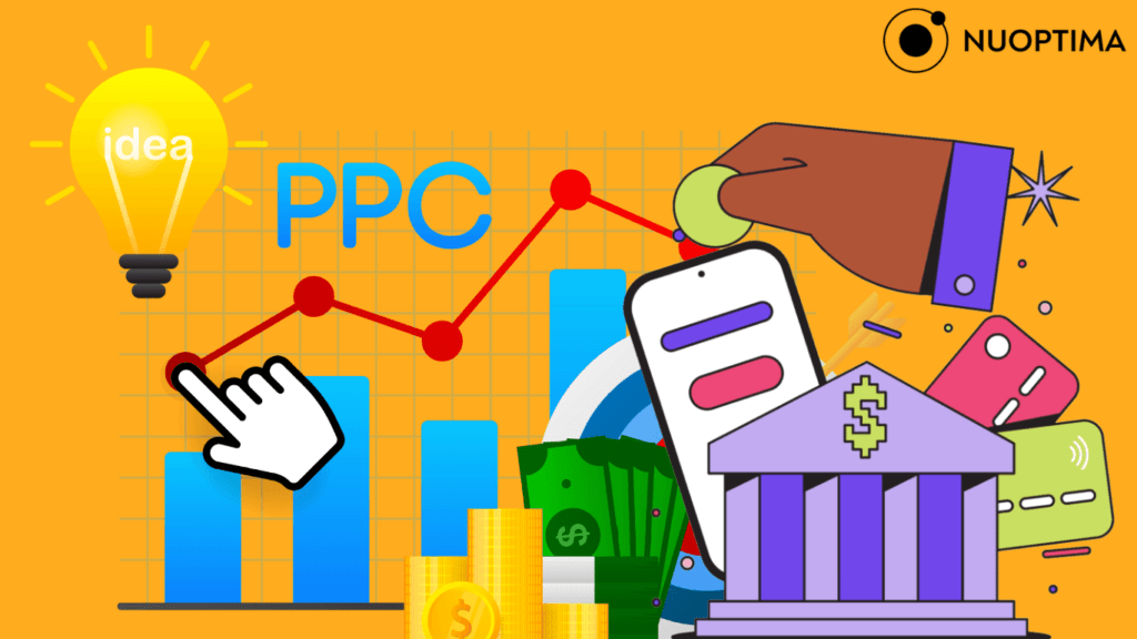 Eine Grafik, die das Konzept von PPC (Pay-Per-Click) mit Elementen wie einer Glühbirne, einem Bankgebäude und Finanzsymbolen veranschaulicht, um Wachstum und Ideen für Banken zu illustrieren.