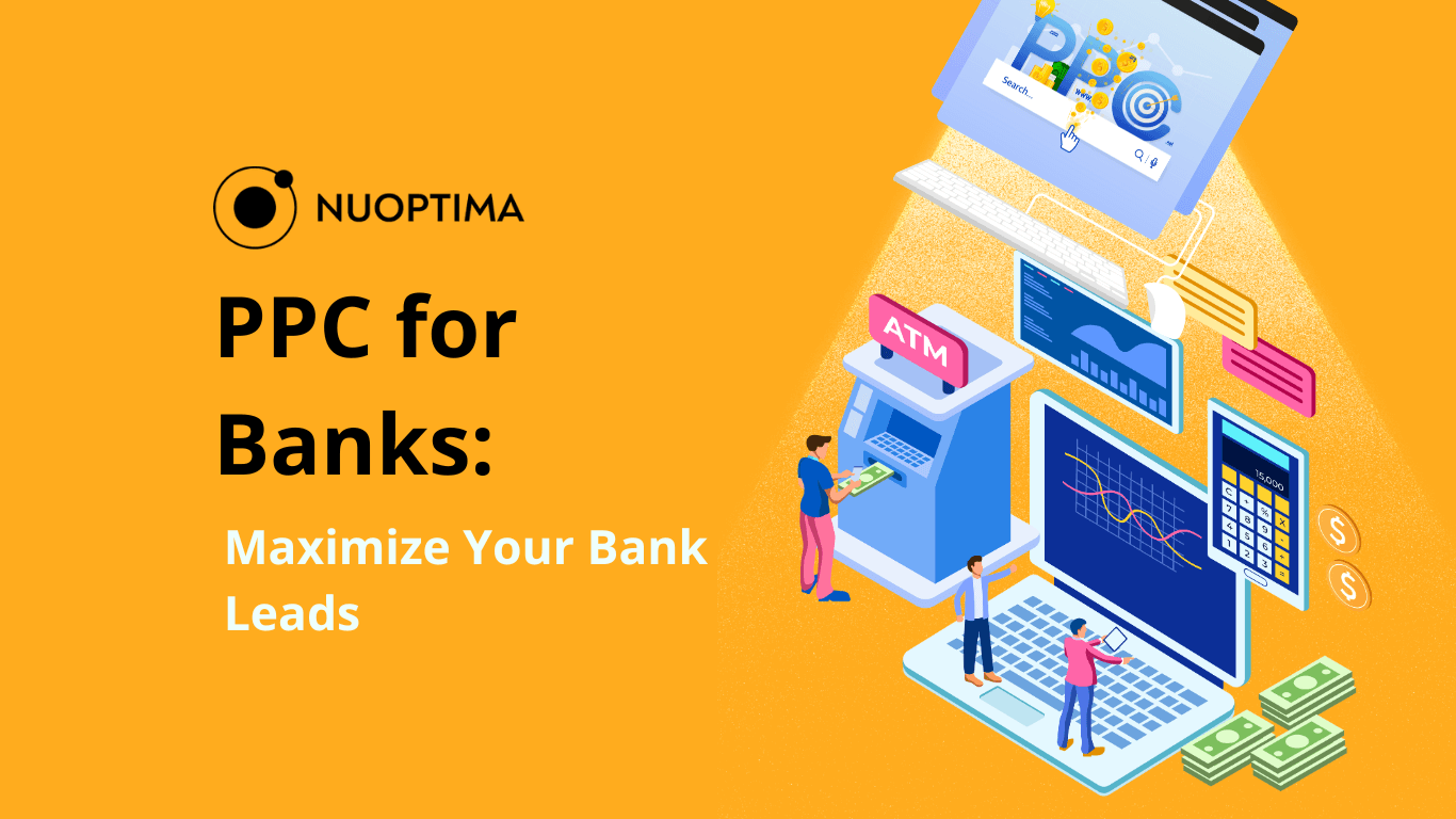 Eine Grafik mit dem Titel "PPC für Banken: Maximieren Sie Ihre Bank-Leads", mit einem Geldautomaten, einem Computer und Finanzsymbolen wie Geld, Diagrammen und einem Taschenrechner.