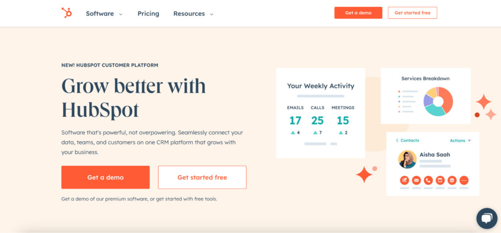A screenshot of the HubSpot homepage highlighting the new customer platform with buttons for a demo and to get started for free, and graphics showing weekly activity and services breakdown.
