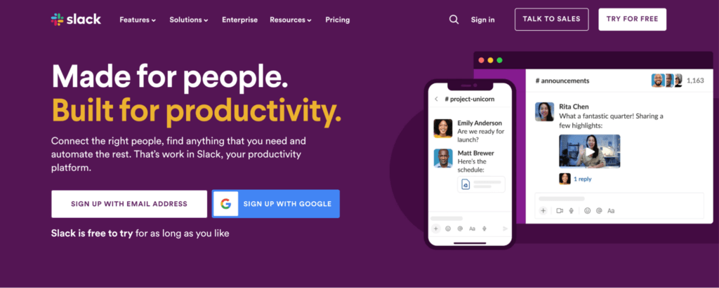 A screenshot of the Slack homepage featuring the tagline "Made for people. Built for productivity." with options to sign up with email or Google.