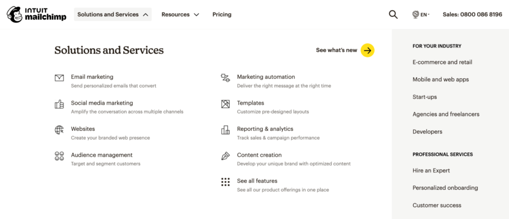 Mailchimp navigation menu showing audience segmentation for agencies to e-commerce.