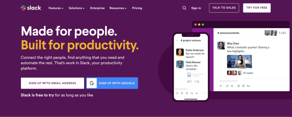  Slack’s homepage uses a purple color palette and details its value proposition for productivity.