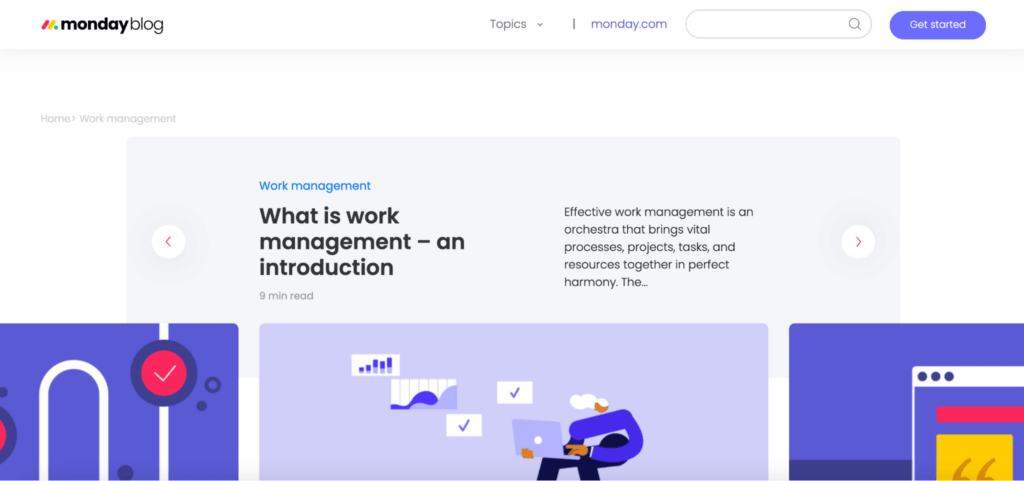 Monday.com blog showing a Work Management category page and an example of their use cases and segmentation efforts.