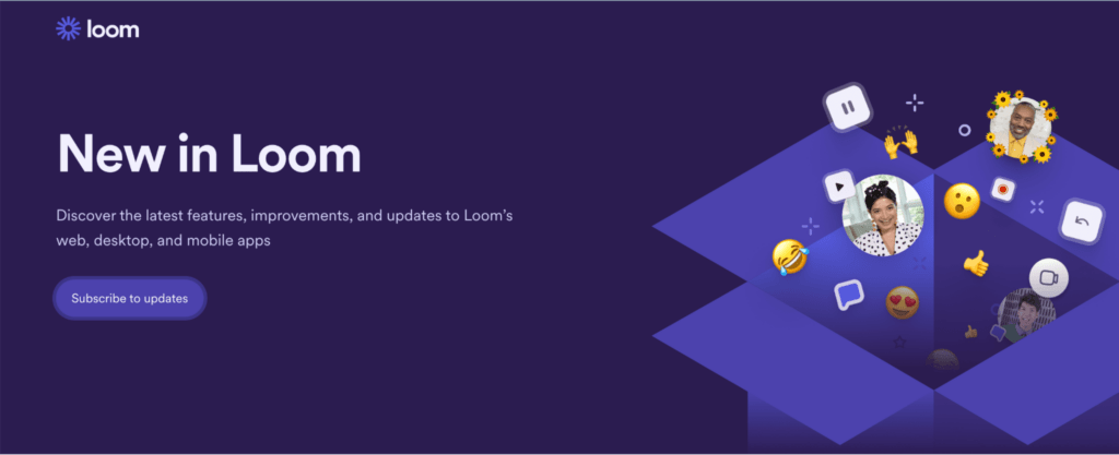 Eine Landing Page auf der Loom-Website zeigt einen dunkelvioletten Hintergrund, Emojis und die Überschrift "New in Loom".