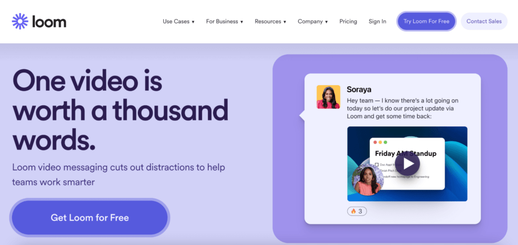 The homepage for video recording software, Loom, features a pastel purple background and simple headings.
