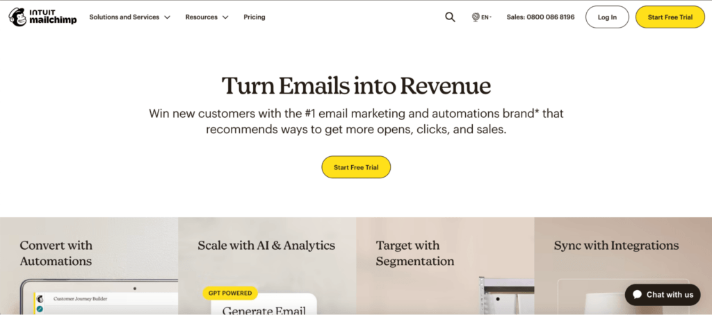 Mailchimp uses a white and beige theme to show their email software. 