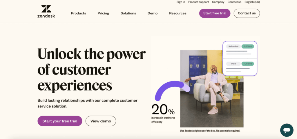 Zendesk uses a cream color palette and purple accents to share their customer service product.