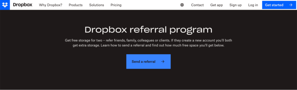 Dropbox uses a white banner and a black background on a landing page for its referral program.