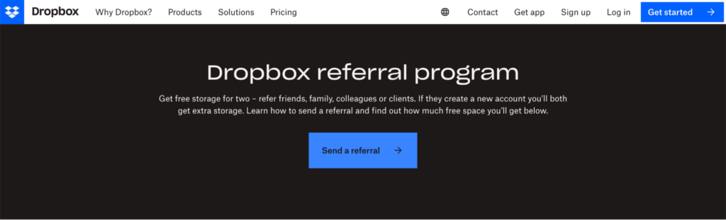 Dropbox verwendet ein weißes Banner und einen schwarzen Hintergrund auf einer Landing Page für sein Empfehlungsprogramm.