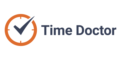 Offizielles Time Doctor-Logo mit dem orange-grauen Uhrensymbol auf der linken Seite.