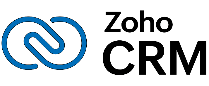 شعار Zoho CRM الرسمي مع رمز الربط الأزرق الخاص بالشركة.