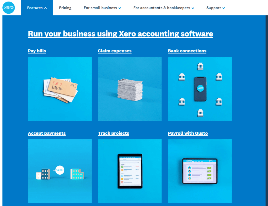 Screenshot der Xero-Funktionsseite mit einem Raster von Symbolen und den wichtigsten Aspekten der Plattform.