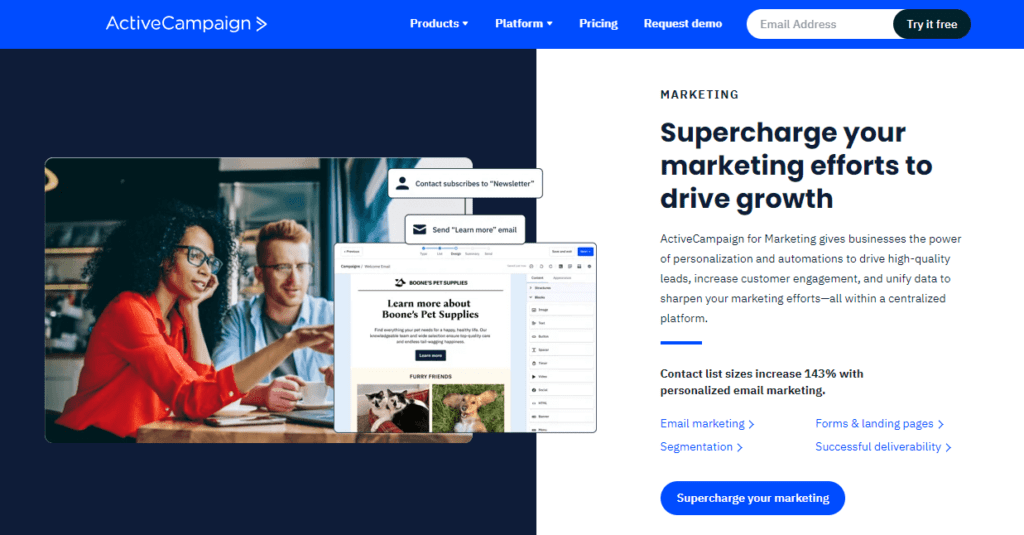 Screenshot from the ActiveCampaign marketing page showing the main menu, two people working on an email campaign, and a blurb on how the tool can help drive growth.