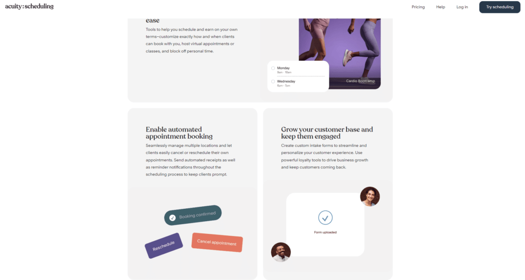 Screenshot von der Acuity Scheduling-Homepage mit den wichtigsten Vorteilen, wie Benutzerfreundlichkeit, Automatisierung und wachsender Kundenstamm.