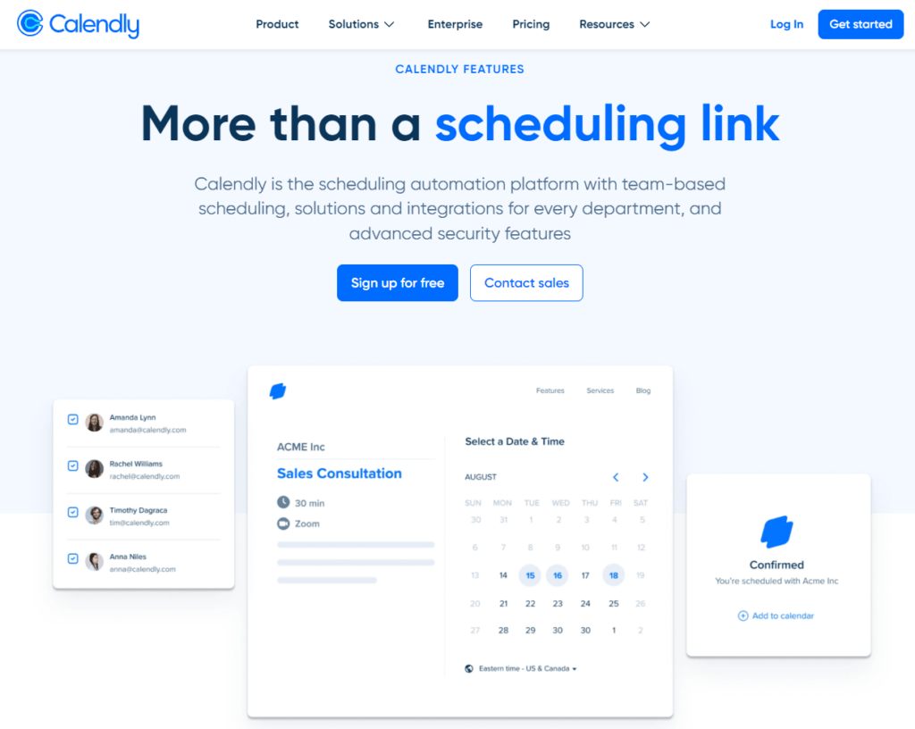 Screenshot from the Calendly homepage showing the main menu and example of the tool being used to book a sales consultation.