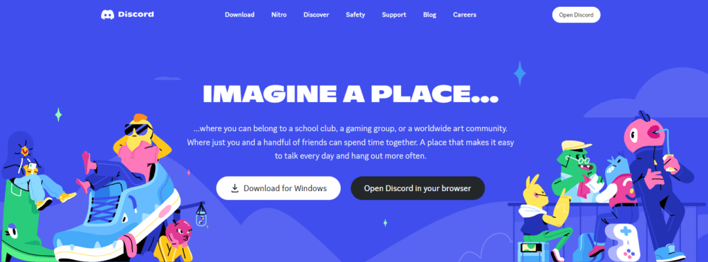 Screenshot from the Discord homepage showing the top menu, colorful creature graphics, and text giving an example of the platform's main user personas.