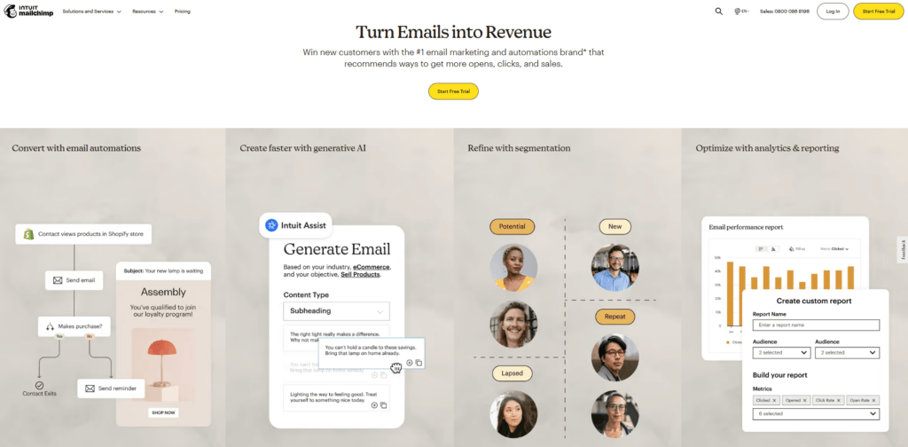 Screenshot from the Mailchimp homepage showing how emails can be turned into revenue.