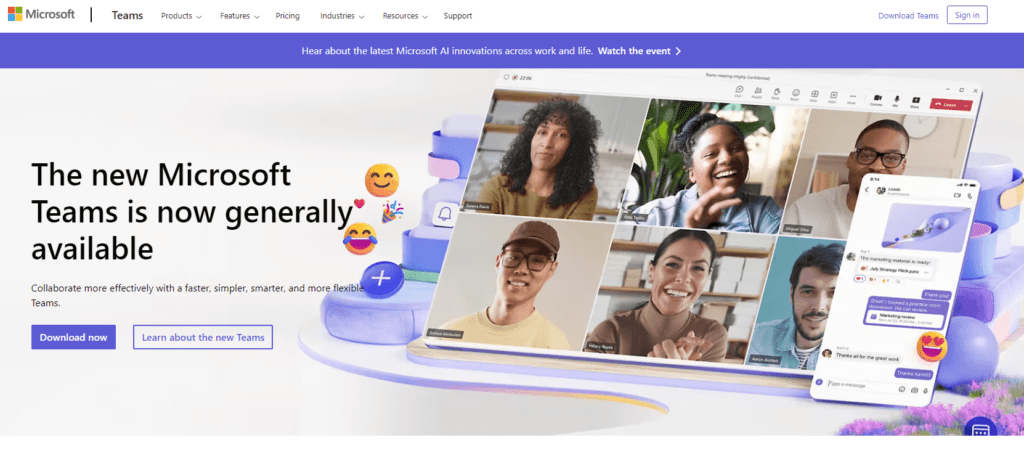 Screenshot from the Microsoft Teams homepage showing their main menu, image of a team in a video call, and a blurb about their newly developed software now being available to all users. 