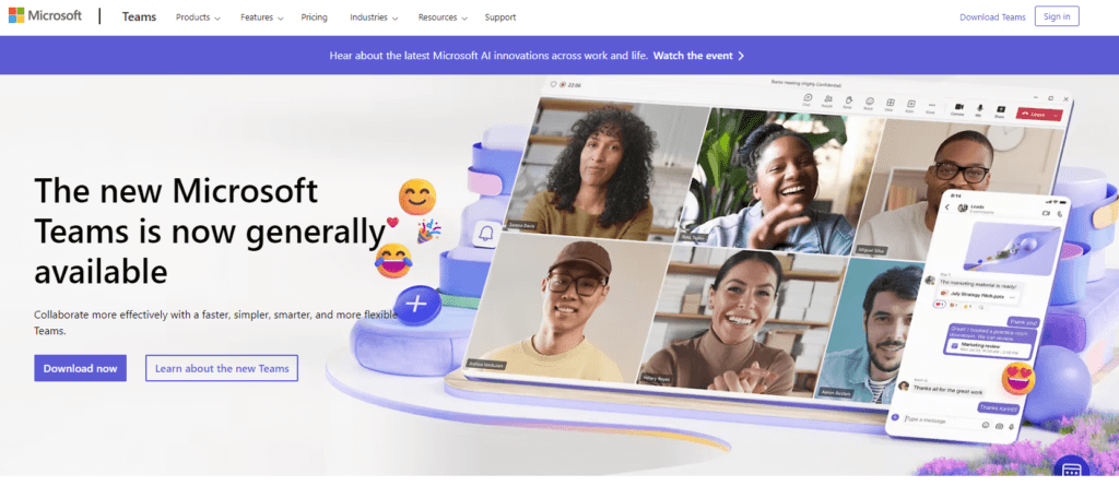 لقطة شاشة من الصفحة الرئيسية لـ Microsoft Teams تُظهر القائمة الرئيسية وصورة لفريق في مكالمة فيديو، ودعاية حول برنامجهم المطور حديثاً الذي أصبح متاحاً الآن لجميع المستخدمين. 