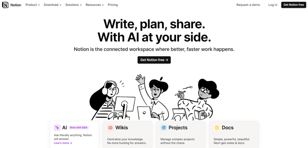 Screenshot from the Notion explaining how AI can be used to improve and speed up online workspaces.