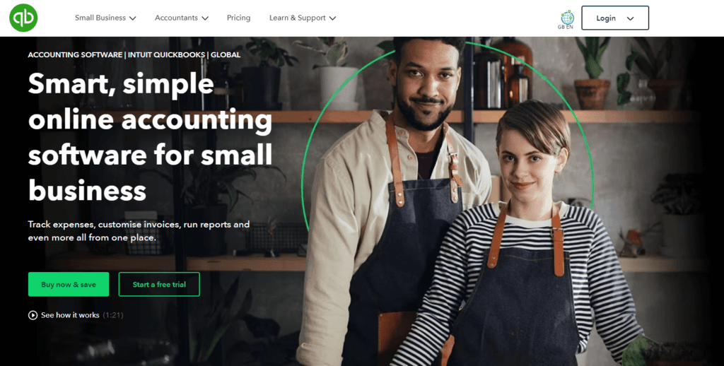 Screenshot from the QuickBooks homepage of two happy workers and a blurb about accounting for small businesses.