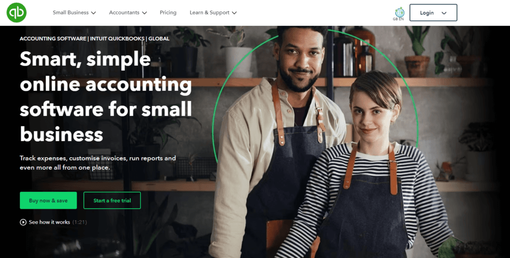 Screenshot von der QuickBooks-Homepage mit zwei glücklichen Mitarbeitern und einem Hinweis auf die Buchhaltung für kleine Unternehmen.