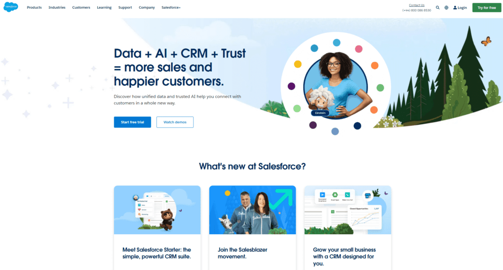 Screenshot from the Salesforce website, which shows the main banner, a button to join, and a section below on what is new on the SaaS platform.