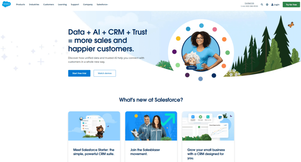 Screenshot von der Salesforce-Website mit dem Hauptbanner, einer Schaltfläche zum Beitritt und einem Abschnitt über die Neuerungen der SaaS-Plattform darunter.