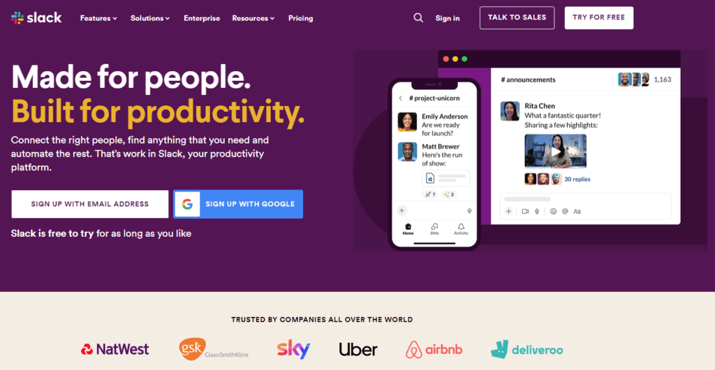 Screenshot from the Slack homepage showing the main menu, explanation of the tool being designed for productivity, and a list of well-known brands using their software.