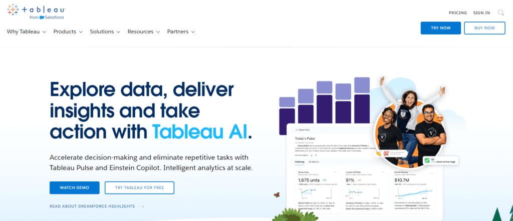 Screenshot von der Tableau-Homepage mit dem Hauptmenü, einem Text darüber, wie das Tool Unternehmen beim Umgang mit Daten hilft, und einem Bild auf der rechten Seite mit Beispielberichten und einem zufriedenen Team.