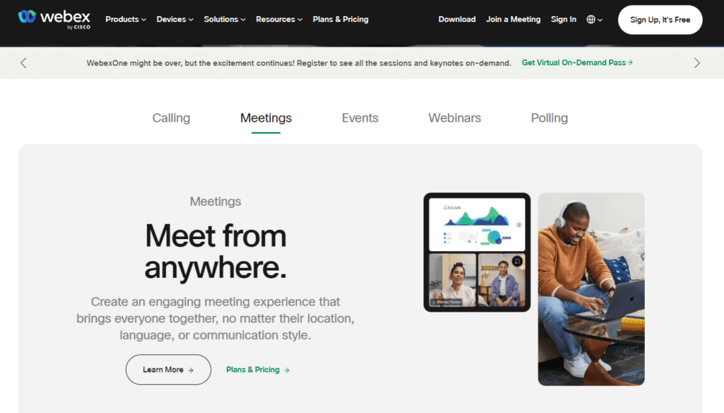 Screenshot from the Webex homepage showing people working, and some text highlighting the software allows people to meet from anywhere in the world.