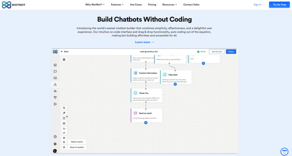 Screenshot from the WotNot homepage showing how chatbots can be built without coding.