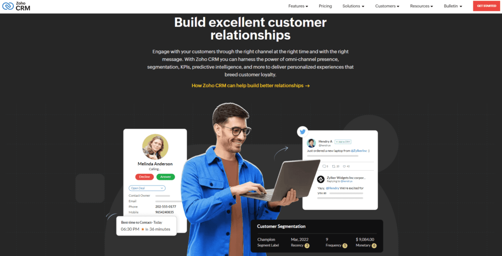 Screenshot from the Zoho CRM website showing a happy man using the software and text explaining how their tool helps build strong customer relationships.