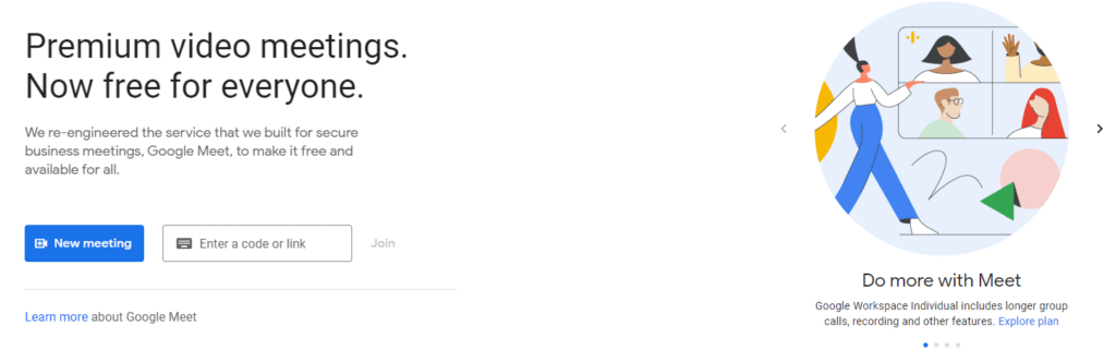 Screenshot from the main Google Meet website showcasing that premium video meetings are now free for all users. 