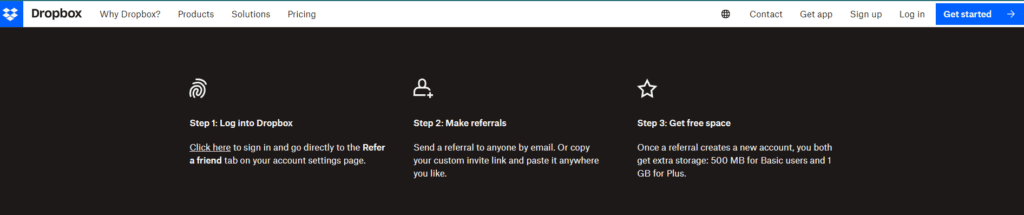Screenshot of Dropbox’s referral program from their website.