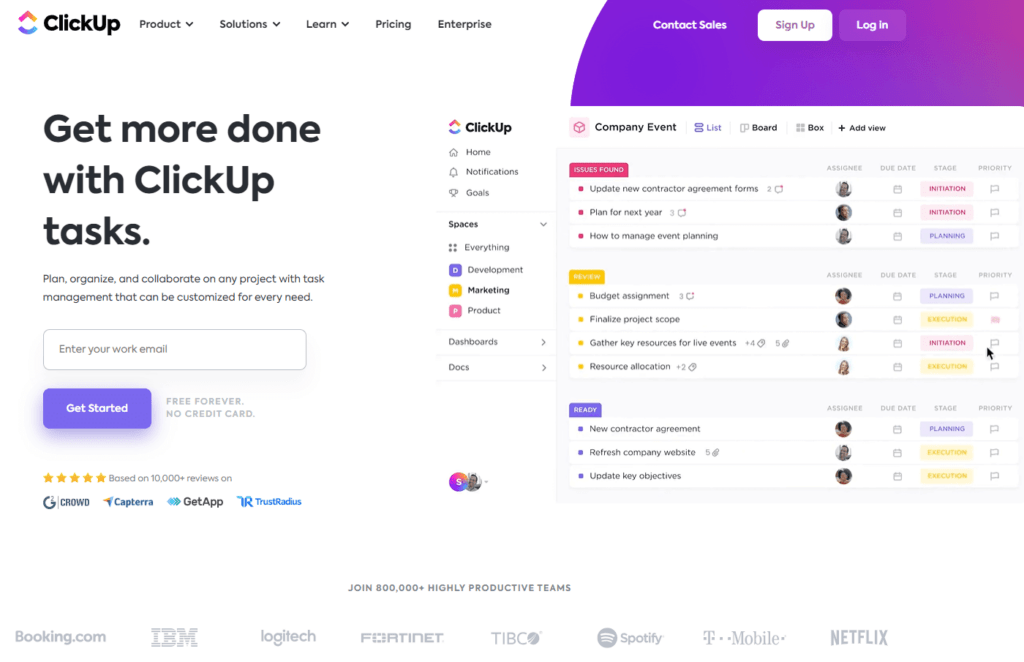 Screenshot of the ClickUp homepage showing how customers can get more done with their tasks feature.