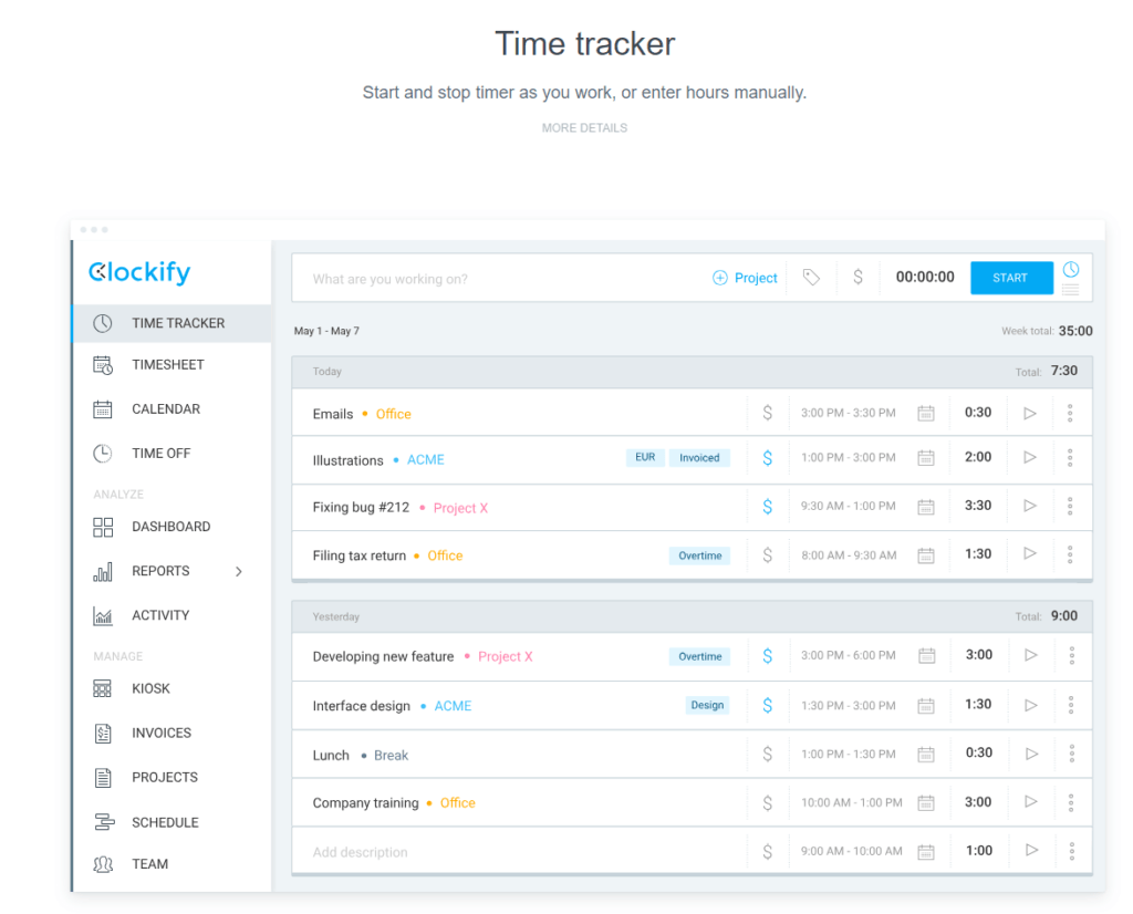 لقطة شاشة مأخوذة من موقع Clockify الإلكتروني تُظهر مثالاً على أداة تعقب الوقت.