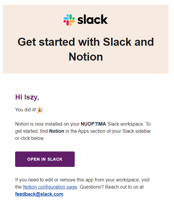 A screenshot showing Slack’s customized onboarding email.
