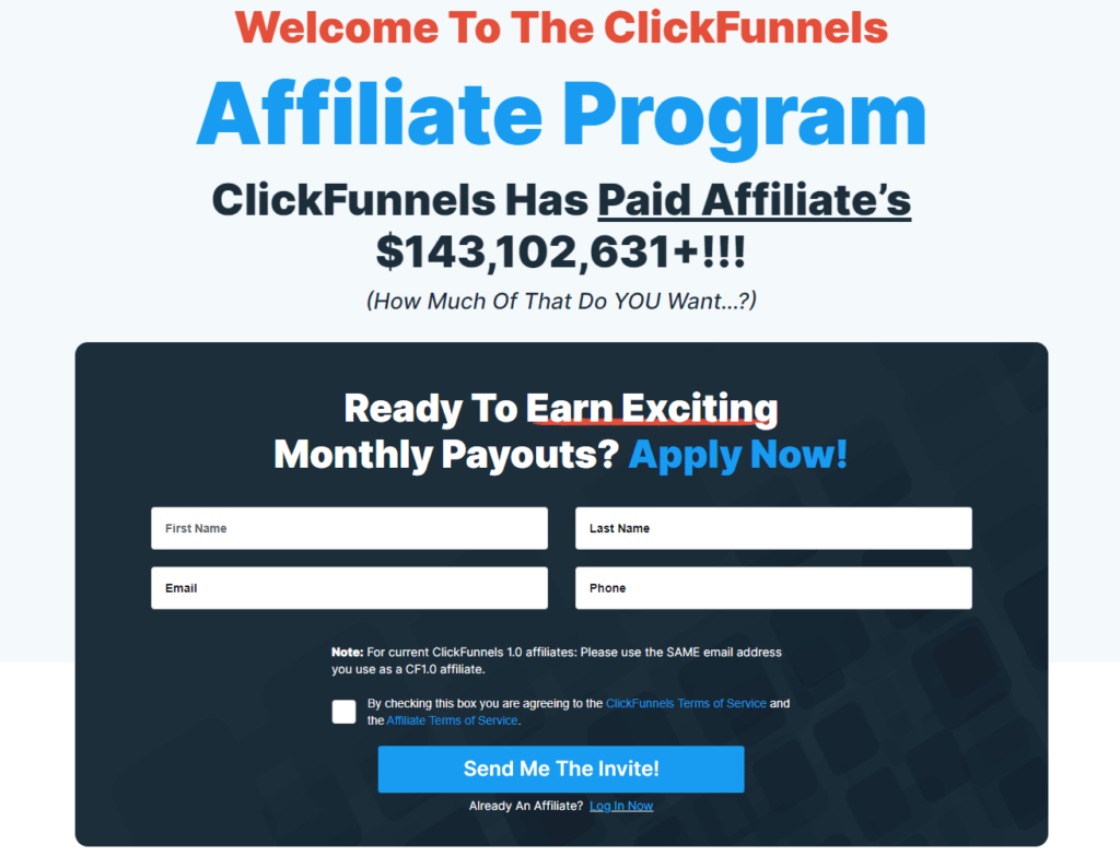 Screenshot of ClickFunnels’ affiliate program taken from their website.