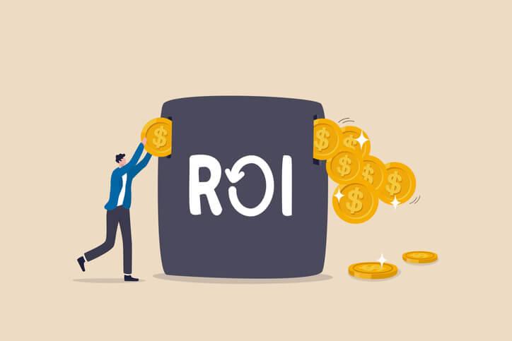 An illustration demonstrating a man investing money in an ROI box to get profit.