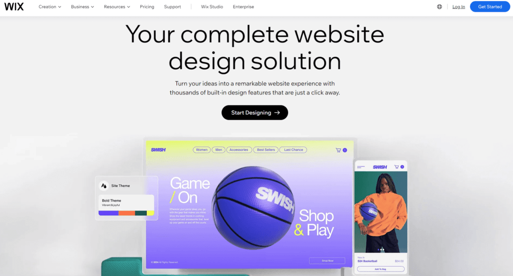 A screenshot from the Wix website showing the website design page.