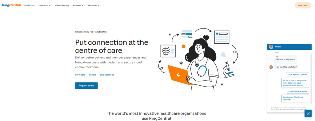 A screenshot from the RingCentral website of the dedicated healthcare communication solution.
