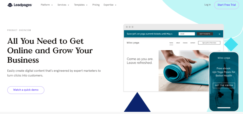 A screenshot of the product page from the Leadpages website.