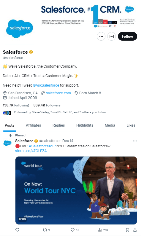 A screenshot from Salesforce’s X page showing a recent post and details of their 589.4 thousand followers.